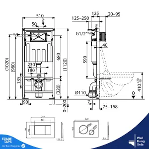 Rimless Wall Hung Toilet Pan with 1.12m Concealed Cistern Frame Dual Flush Plate - Gloss White Dual Flush Plate