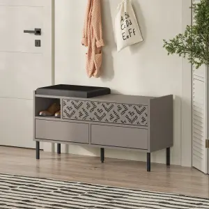 Decortie Heaton Shoe Bench Mocha Grey w/ Fabric Cushion Seat 3-door Storage Cabinet 111(W)x37(D)x56.5(H)cm Metal Legs Hallway