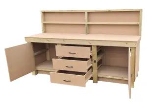 Wooden work bench with drawers and double lockable cupboard (V.8) (H-90cm, D-70cm, L-210cm) with back panel