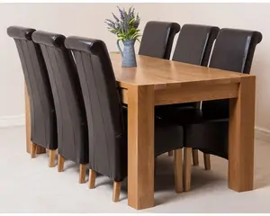 Kuba 180 x 90 cm Chunky Oak Dining Table and 6 Chairs Dining Set with Montana Brown Leather Chairs