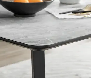 Furniturebox UK Carson White Marble Effect Dining Table & 6 Dark Grey Nora Black Leg Chairs