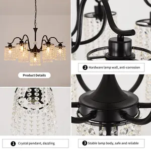 Garwarm 7-Light Black Modern Metal Crystal Chandelier