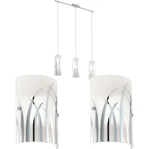 Ceiling Pendant Light & 2x Matching Wall Lights Chrome & Pattern Glass Shade