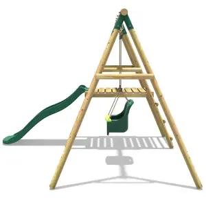 Rebo Cassini Wooden Garden Swing Set with Baby Swing, Platform and Slide - Green