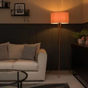 ValueLights Camden Modern Copper Metal Tripod Floor Lamp with Pink Cylinder Shade - Includes 6w LED Bulb 3000K Warm White