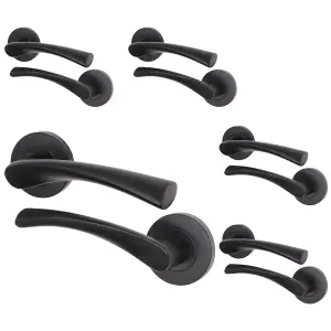 AFIT Matt Black Internal Door Handle - 5 Pairs Matt Black Lever on Rose Round Handles Novi Range