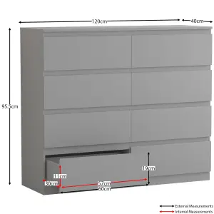 Vida Designs Denver Grey 8 Drawer Chest (H)955mm (W)1200mm (D)400mm