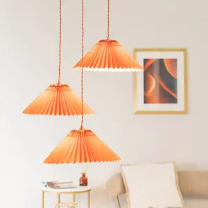 ValueLights Akira Burnt Orange 3 Way Hanging Pendant Ceiling Light with Pleated Lampshade - LED Bulbs Included