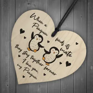 Penguin Gift For Husband Wife Girlfriend Boyfriend Wood Heart Valentines Gift Keepsake