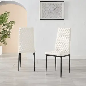 Set of 4 Milan White High Back Soft Touch Diamond Pattern Faux Leather Black Powder Coated Metal Leg Dining Chairs