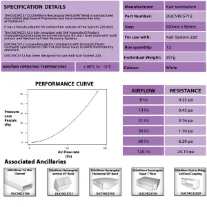 Kair 90 Degree Vertical Elbow Bend 220mm x 90mm - 9 x 4 inch Rectangular Plastic Ducting Adaptor