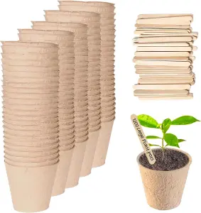 Plant Pots 1,200 Pack 8cm Fibre Seedling Pots with Wooden Labels for Easy Transplanting of Flowers, Herbs & Veggies