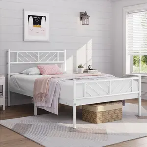 Minimalist Metal Slatted Bed Platform with Arrow Design Headboard White / Single (3')