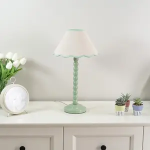 ValueLights Bobbles Sage Green Bobbin Table Lamp with Green Trim Scallop Shade - LED Bulb Included