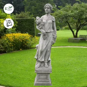 Large Conservatory Female Statue with Rose Bouquet on a Plinth