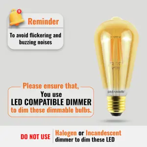 paul russells LED Filament Dimmable ST64 Bulb, ES E27, 7W 725 Lumens, 60w Equivalent, 2200K Extra Warm White Amber, Pack of 3