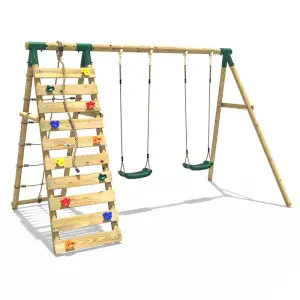 Rebo Wooden Swing Set with Up and Over Climbing Wall - Ela Green