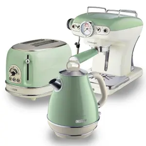 Ariete ARPK5 Vintage Retro Jug Kettle, Toaster & Espresso Coffee Machine Set, Green