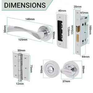 EAI - Swept Lever on Rose Handles Bathroom Kit / Pack - 66mm Bathroom Lock - 76mm Hinge - Polished Chrome