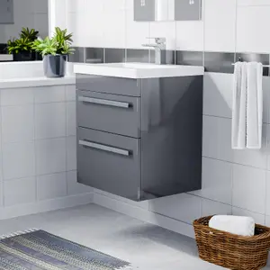 Nes Home Nanuya 500mm Wall Hung 2 Drawer Vanity Basin Unit Steel Grey