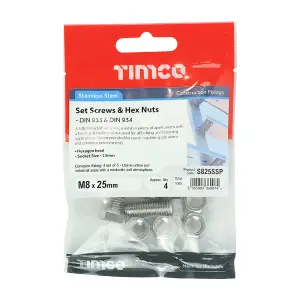 Timco - Set Screws & Hex Nuts - Stainless Steel (Size M8 x 25 - 4 Pieces)