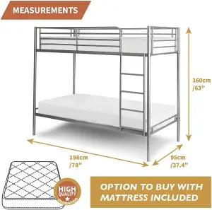 Single Bunk Beds Extra Strong & Durable Silver Metal Double Bunk Bed With 2 Mattresses