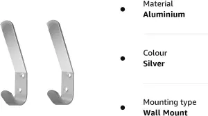 Dzina Aluminium Double Hat and Coat Hooks - 10 Pack Dress Robe Garment Hangers Hook 125mm x 4mm - Screws Included - Pack of 10