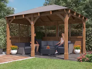 Dunster House Wooden Gazebo Kit Louvre Walled 4m x 3m Heavy Duty Garden Shelter Roof Shingles Leviathan