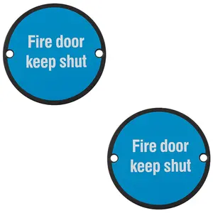 2 PACK - Fire Door Keep Shut Sign 64mm Fixing Centres 76mm Dia Matt Black