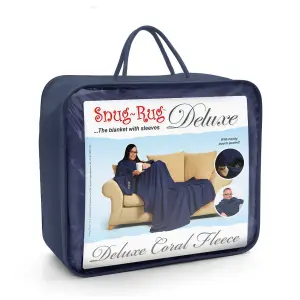 Navy Snug Rug Deluxe Blanket With Sleeves Luxury Cosy Super Soft Coral Fleece Fabric Long Oversized Pouch Pocket Adults