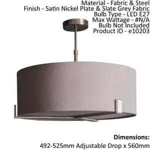 Ceiling Pendant Light Satin Nickel Plate & Slate Grey Fabric 3 x 10W LED E27