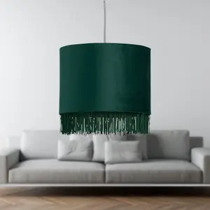 First Choice Lighting Tassel Dark Green Velvet with Gold Inner Easy Fit 25cm Pendant Shade