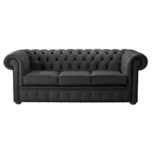 Chesterfield 3 Seater Shelly Black Real Leather Sofa Bespoke In Classic Style