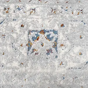 Silver Multicolour Distressed Bordered Medallion Runner Rug 70x240cm