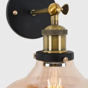 ValueLights Wallace Industrial Black and Gold Wall Light Fitting with Tinted Glass Wide Light Shade