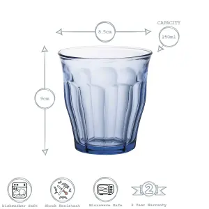 Duralex - Picardie Drinking Glasses - 250ml Tumblers for Water, Juice - Blue - Pack of 6