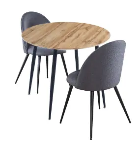 Hallowood Furniture Cullompton Round Dining Table 90cm with 2 Dark Grey Curved Back Fabric Chairs