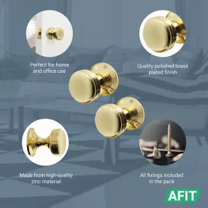 AFIT Lined Door Knobs Polished Brass - 2 Pairs of Mortice Knobs (55mm) for Internal Doors