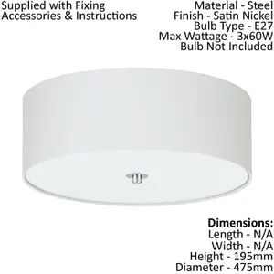 Flush Ceiling Light Colour Satin Nickel Shade White Fabric Glass Bulb E27 3x60W