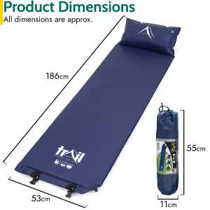 Single Pillow Camping Mat Self Inflating Inflatable Roll Mattress With Bag Blue Trail