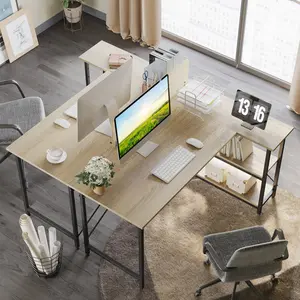 L-Shaped Desk (120 or 140cm x 90cm) Corner Desk with Adjustable Shelves by Aliff Oak / 74cm H x 140cm W x 90cm D