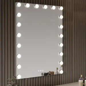 Dimmable Rectangle Wall Mounted Hollywood Makeup Vanity Mirror with 20 LED Bulbs White 50x70cm