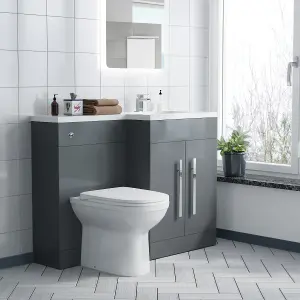 Nes Home Melbourne 1100mm Bathroom Right Hand Grey Gloss Bathroom Basin Vanity Unit With BTW Toilet