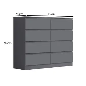 8 Drawer Chest Of Drawers Matt Grey Dark Large Sideboard Bedroom Furniture