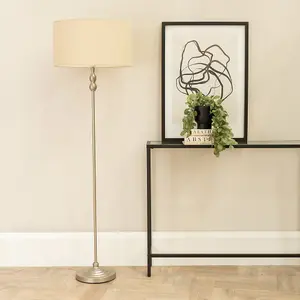 ValueLights Maggie Brushed Chrome Candlestick Floor Lamp with Natural Shade with LED Bulb