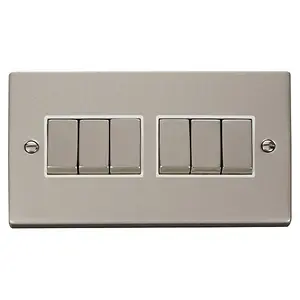 Pearl Nickel 10A 6 Gang 2 Way Ingot Light Switch - White Trim - SE Home