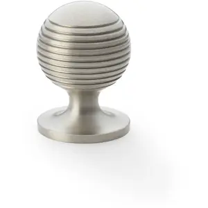 Reeded Ball Door Knob - 32mm Diameter Satin Nickel Lined Cupboard Pull Handle