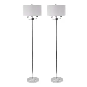 First Choice Lighting Pair of 3 Light Chrome Floor Standard Light with Grey Fabric Shade