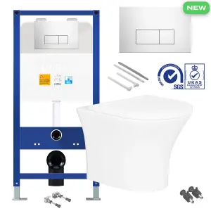 Bubly Bathrooms™ Rimless Wall Hung Toilet & Soft Close Seat with 1.10m Concealed WC Cistern Frame - Chrome Plate