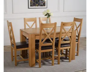 Kuba 125 x 80 cm Chunky Oak Small Dining Table and 6 Chairs Dining Set with Berkeley Brown Leather Chairs